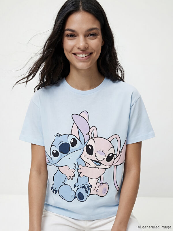 XSIDE Bisiklet Yaka Lilo & Stitch Baskılı Kadın Tişört