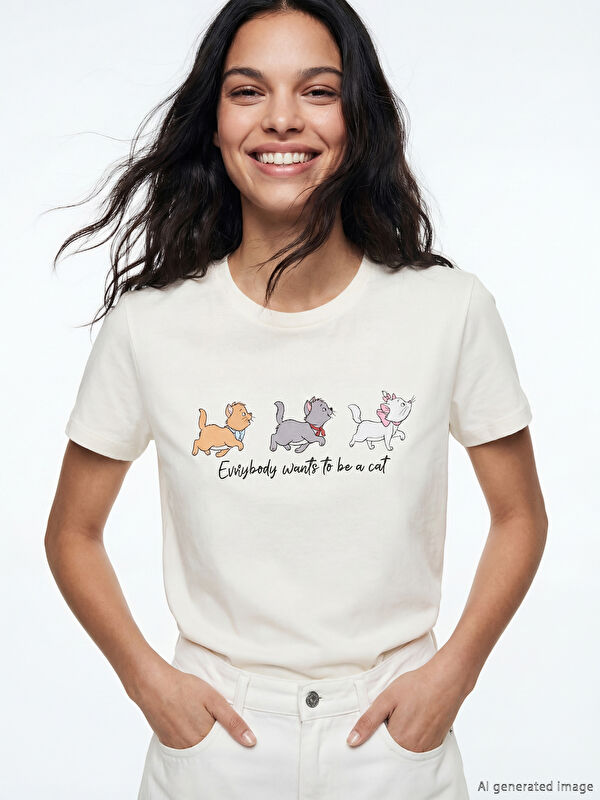 XSIDE Bisiklet Yaka Aristocats Baskılı Kadın Tişört
