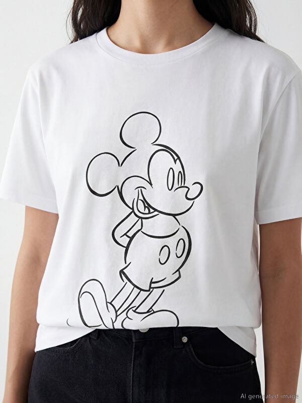 XSIDE Beyaz Bisiklet Yaka Mickey Mouse Baskılı Kadın Tişört