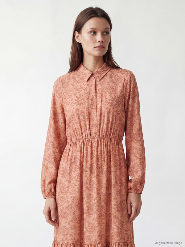 LCW Modest Shirt Collar Patterned Fitted Waist Women's Dress