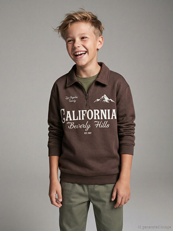 LCW Kids California Baskılı Polo Yaka Erkek Çocuk Kalın Sweatshirt