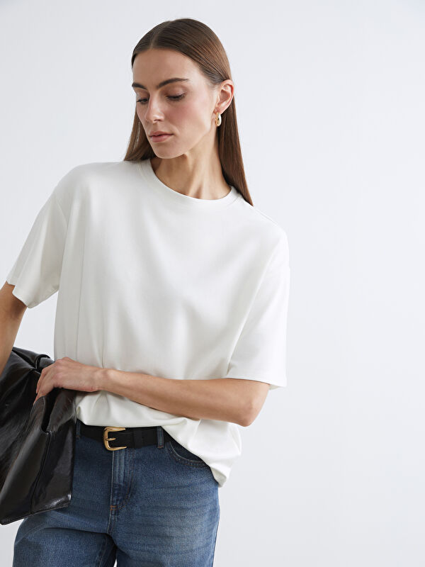 LCWAIKIKI Basic Bisiklet Yaka Oversize Kadın Tişört