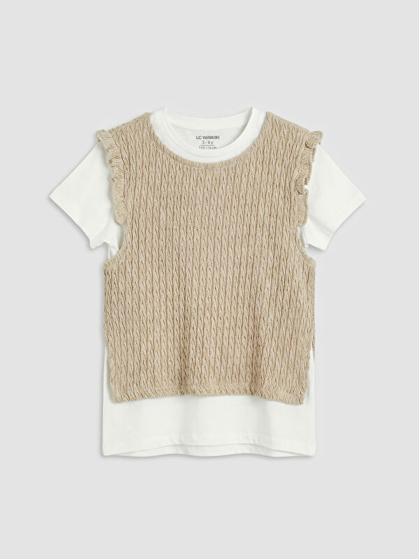 LCW Kids Bisiklet Yaka Fırfırlı Kız Çocuk Tişört