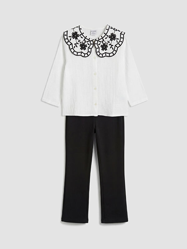 LCW Kids Embroidered Peter Pan Collar Girls' Shirt and Trousers