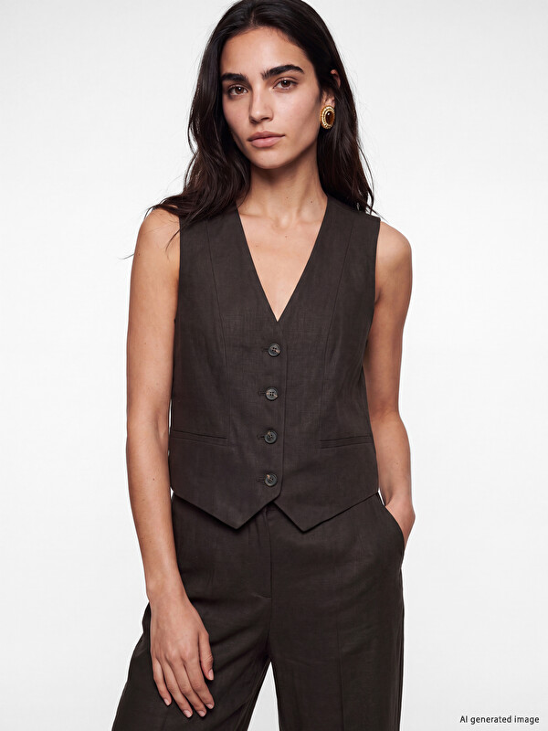LCW Vision V Neck Buttoned Linen Women's Classic Waistcoat