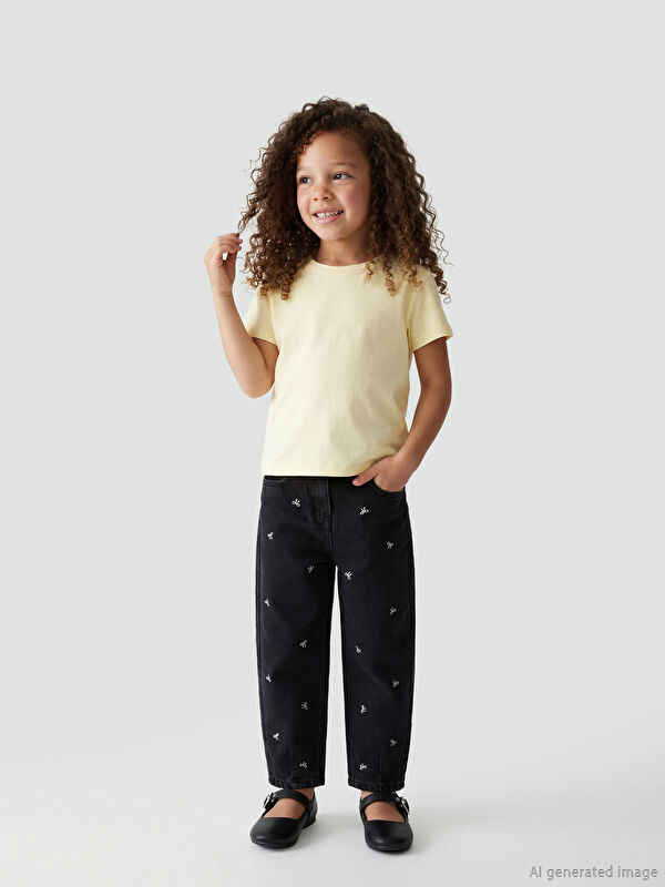 LCW Kids Balloon Fit Nakışlı Kız Çocuk Jean Pantolon