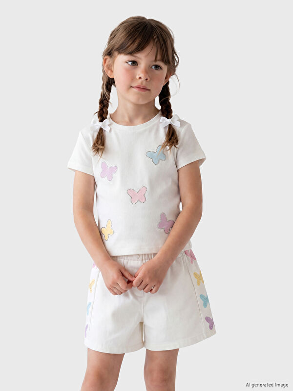 LCW Kids Taşlı Kelebek Baskılı Kız Çocuk Tişört
