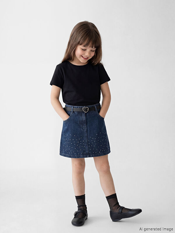 LCW Kids Kız Çocuk Taşlı Jean Etek ve Kemer