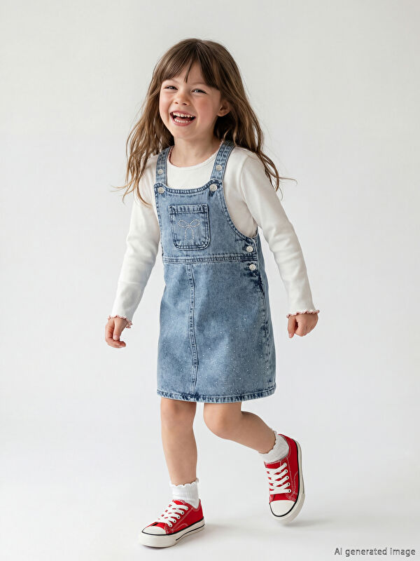 LCW Kids Fiyonk ve Taşlı Kız Çocuk Jean Salopet Elbise