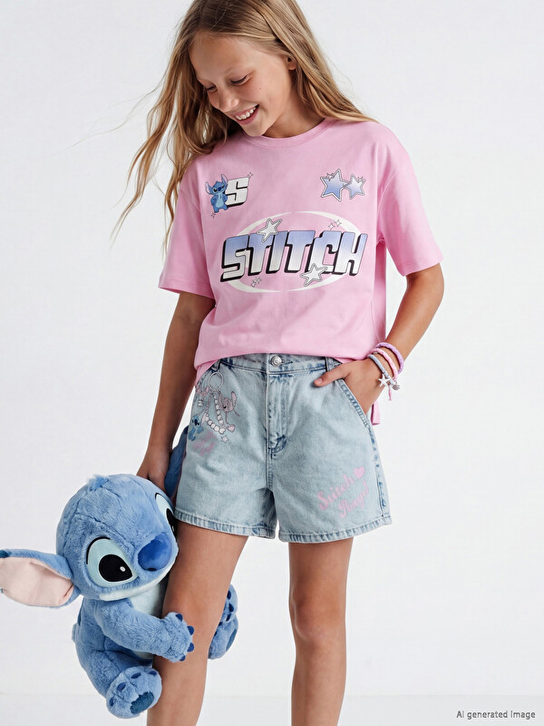 LCW Kids Stitch ve Angel Baskılı Kız Çocuk Jean Şort