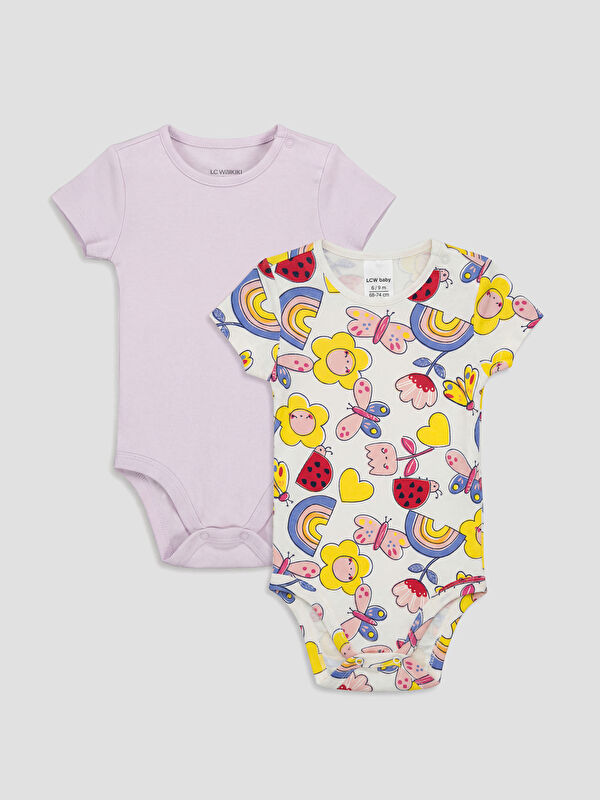 LCW baby Crew Neck Printed Baby Girls' 2 Pack Bodysuit