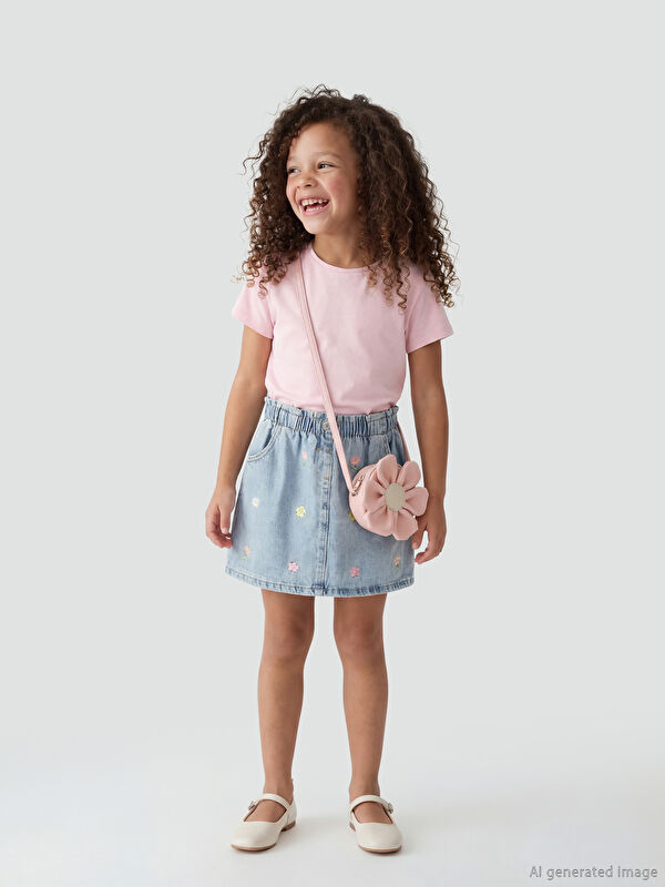 LCW Kids Flower Embroidered Elastic Waist Girls' Denim Skirt