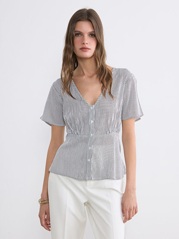 LCW EVERYDAY V Neck Striped Blouse