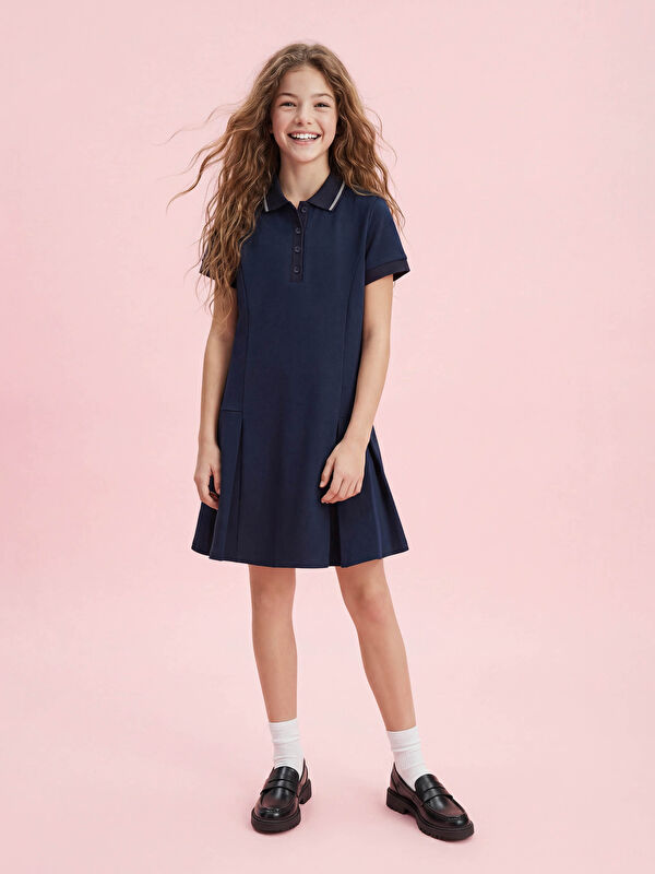 LCW Kids Pileli Polo Yaka Kız Çocuk Elbise