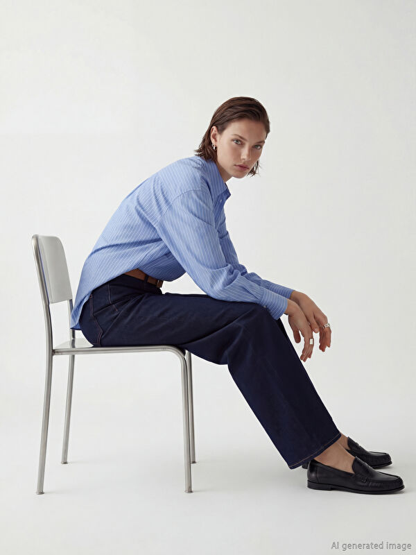 LCW Vision Çizgili Oversize Poplin Kadın Gömlek