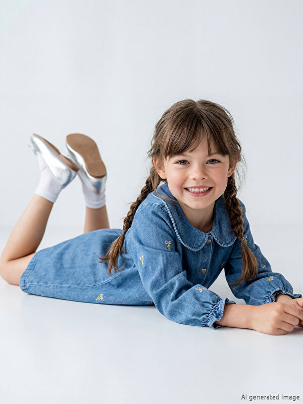 LCW Kids Bebe Yaka Nakışlı Kız Çocuk Jean Elbise