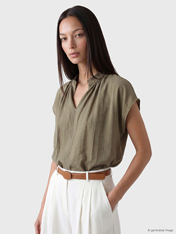 LCW EVERYDAY Notch Neck Ruffled Ruched Blouse