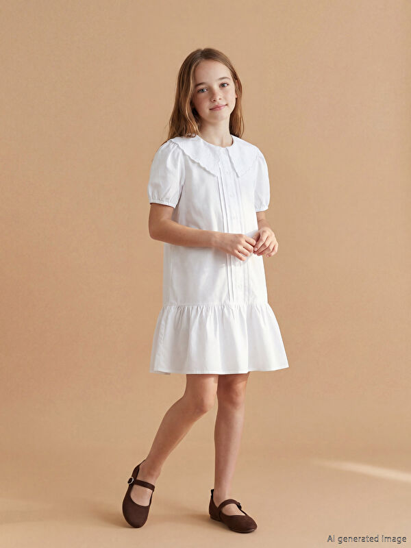 LCW Kids Bebe Yaka Nakışlı Kız Çocuk Poplin Elbise