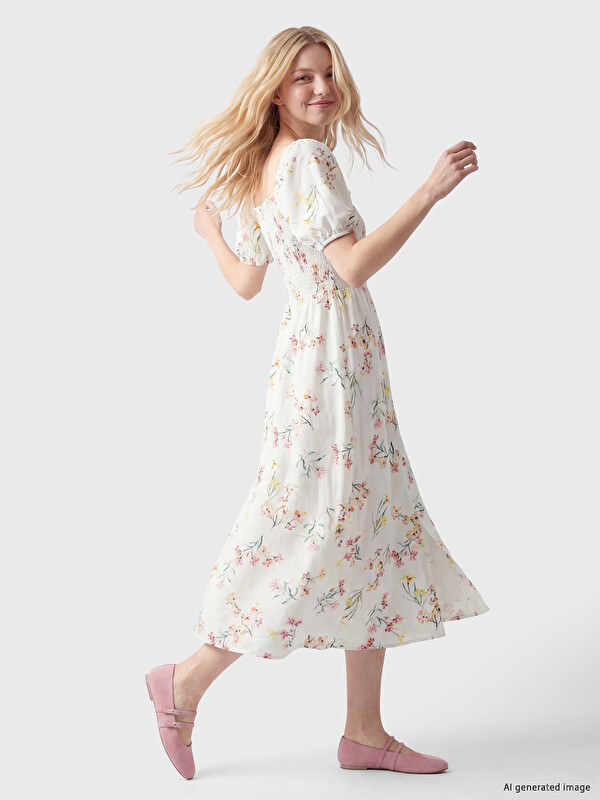 XSIDE Floral Ruched Linen-Blend Dress