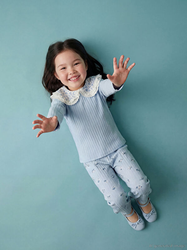 LCW Kids Çiçek Desenli Kız Çocuk Fitilli Bluz ve Tayt	