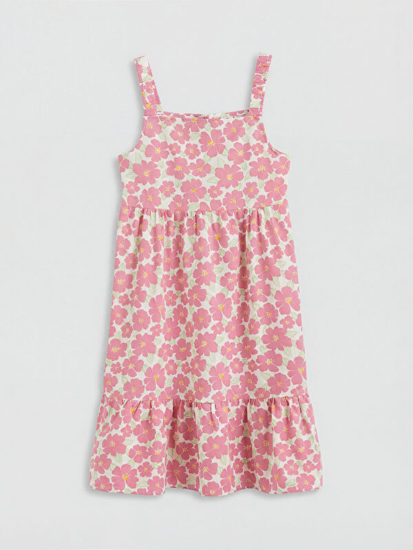 LCW Kids Kare Yaka Çiçekli Kız Çocuk Poplin Elbise