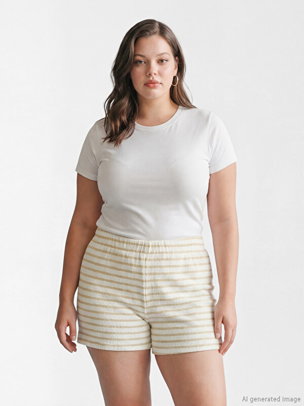 LC WAIKIKI شۆرتی خەتخەتی ژنانه‌ بە کەمەری لاستیکی