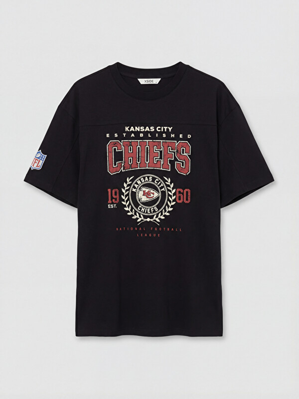 XSIDE Siyah Bisiklet Yaka NFL Baskılı Erkek Tişört - S6MC76Z8-CVL