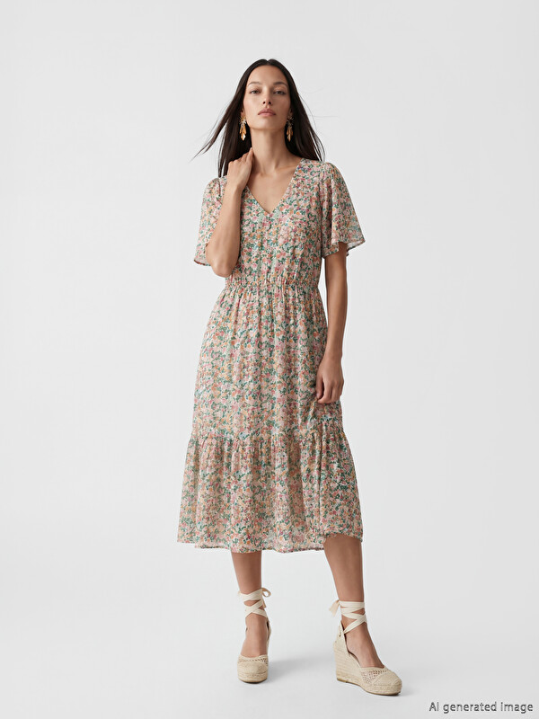 LCW EVERYDAY V Neck Floral A Form Dress