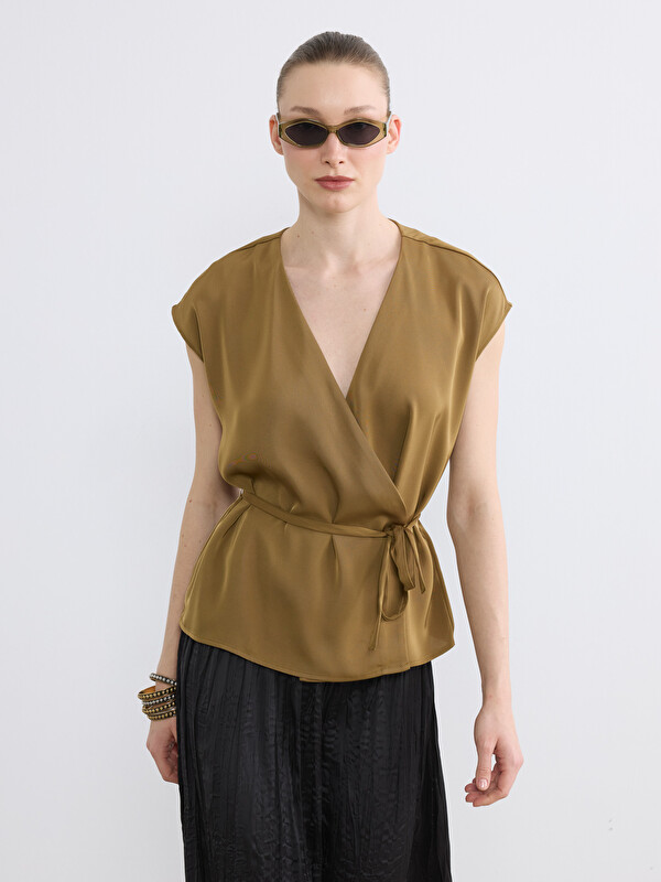 LCW STUDIO Double Breasted Sashed Satin Blouse