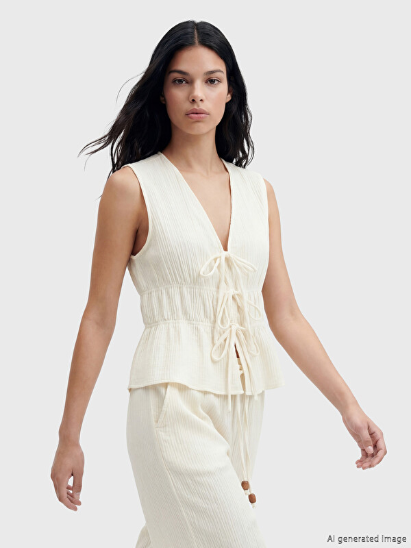 LCW Vision V Neck Tied Textured Blouse