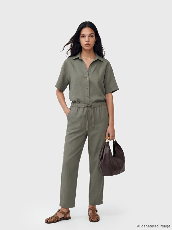 LCW Vision Pantalon Femme en Mélange de Lin à Taille Élastiquée