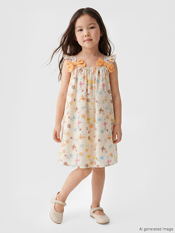 LCW Kids Fiyonklu Çiçek Desenli Kız Çocuk Elbise