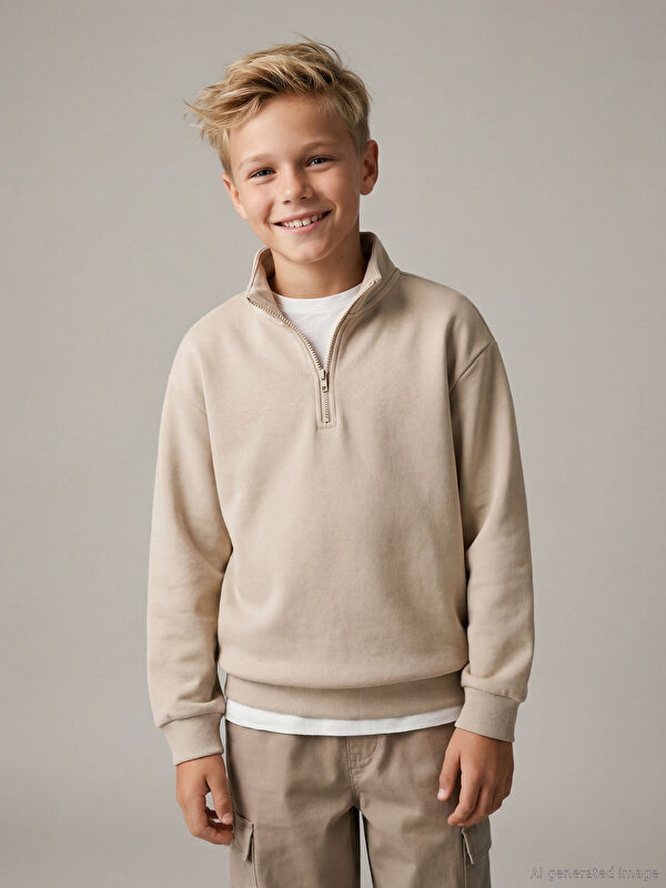 LCW Kids Dik Yaka Yarım Fermuarlı Erkek Çocuk Sweatshirt