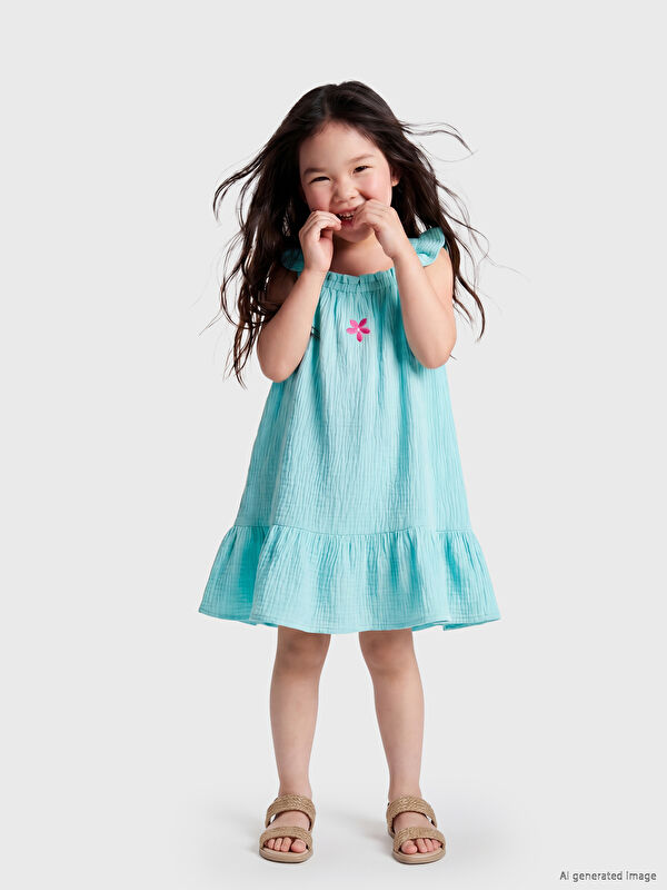 LCW Kids Kare Yaka Nakışlı Kız Çocuk Müslin Elbise