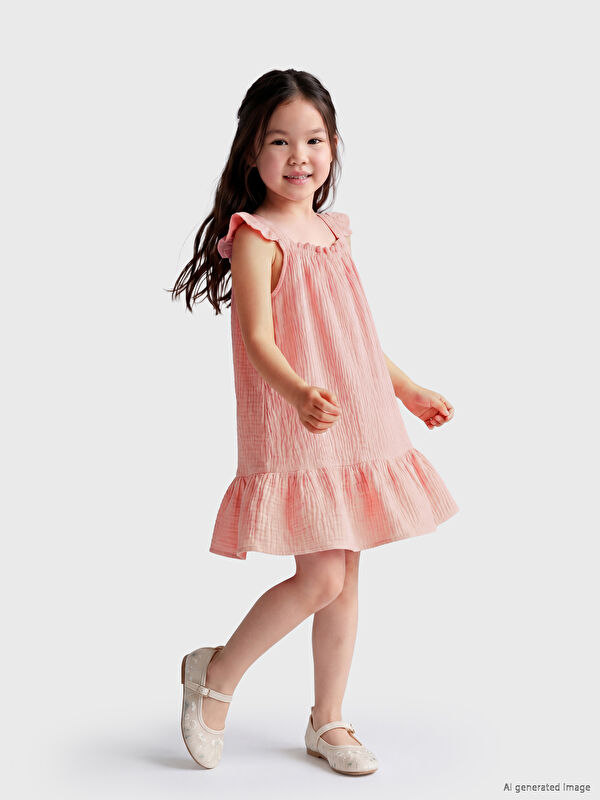 LCW Kids Kare Yaka Nakışlı Kız Çocuk Müslin Elbise