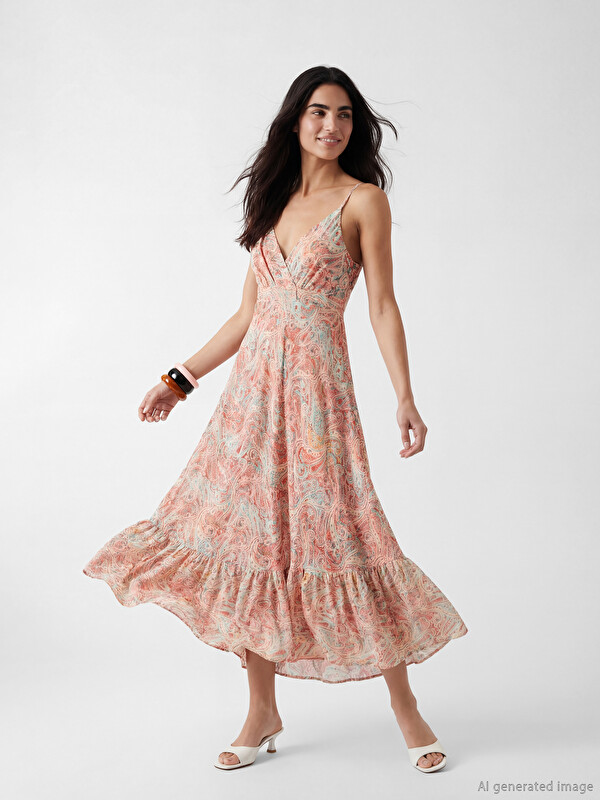 LCW Vision Damen V-Ausschnitt Gemustertes Riemchenkleid