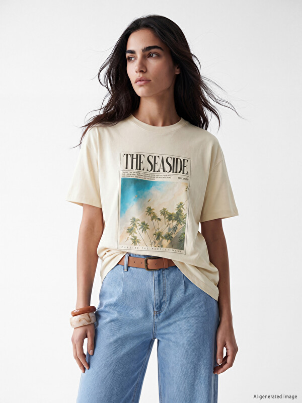 LCW Vision T-shirt Femme Imprimé Surdimensionné 100% Coton