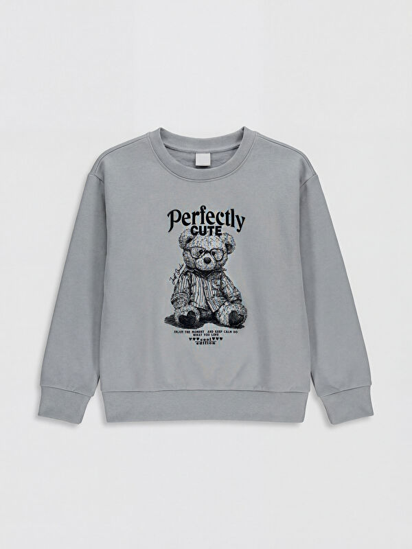 LCW Kids Crew Neck Printed Girls' Thick Sweatshirt