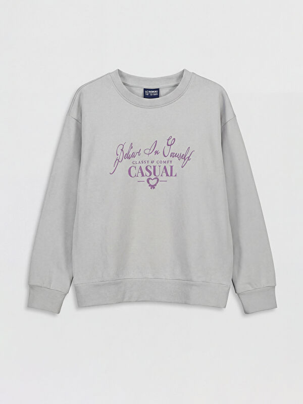 LCW Kids Crew Neck Printed Girls' Thick Sweatshirt