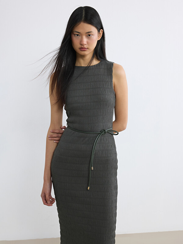 LCW Vision Rochie Texturată cu Curea cu Guler Rotund