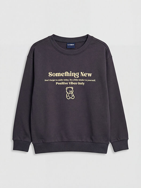LCW Kids Crew Neck Printed Girls' Thick Sweatshirt