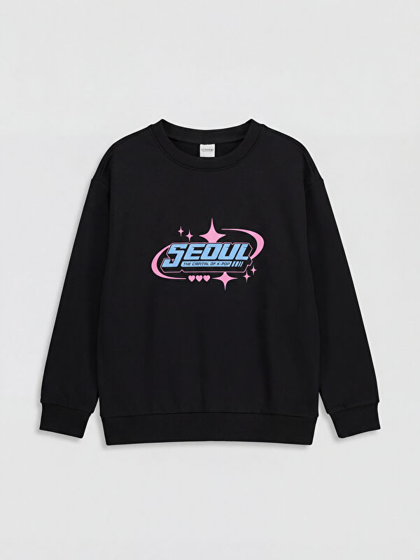 LCW Kids Crew Neck Seoul Printed Girls' Thick Sweatshirt