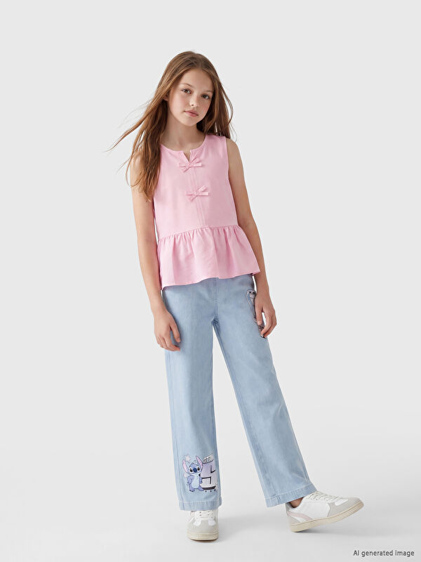 LCW Kids Wideleg Stitch Baskılı Kız Çocuk Jean Pantolon