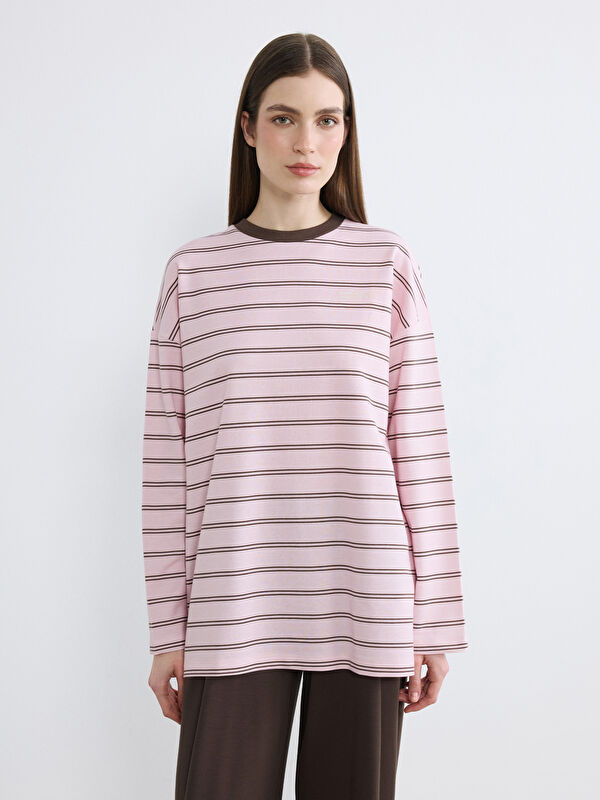 LCW Modest Bisiklet Yaka Çizgili Oversize Kadın Tunik