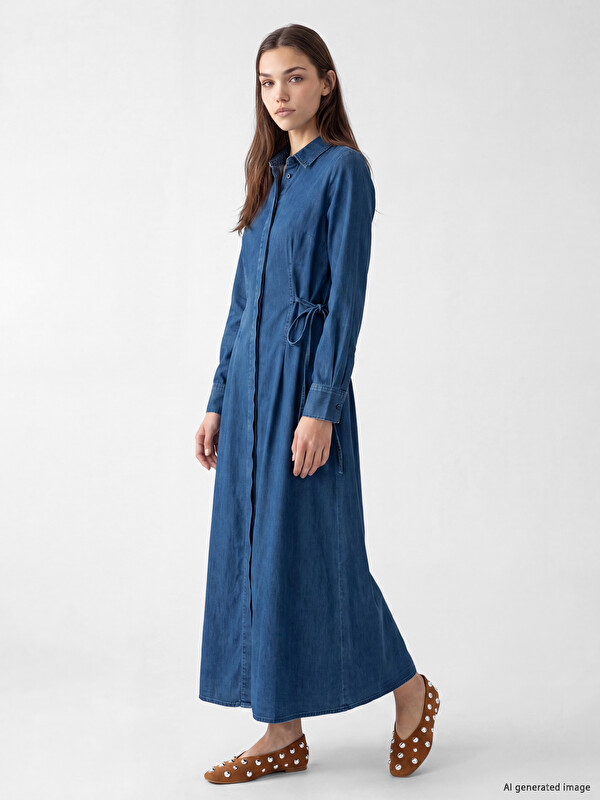 LCW Modest Gömlek Yaka Beli Bağcıklı Jean Elbise