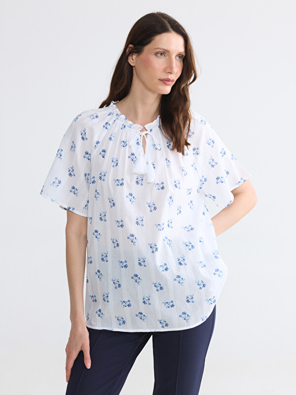 LCW Grace Tie Neck 100% Cotton Floral Blouse