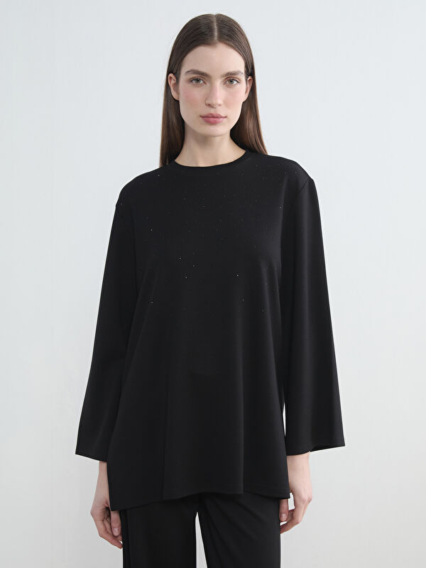 LCW Modest Taşlı Soft Touch Oversize Kadın Sweatshirt Tunik