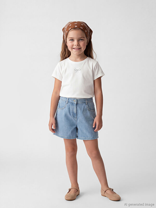 LCW Kids Beli Lastikli Zımba Detaylı Kız Çocuk Jean Şort