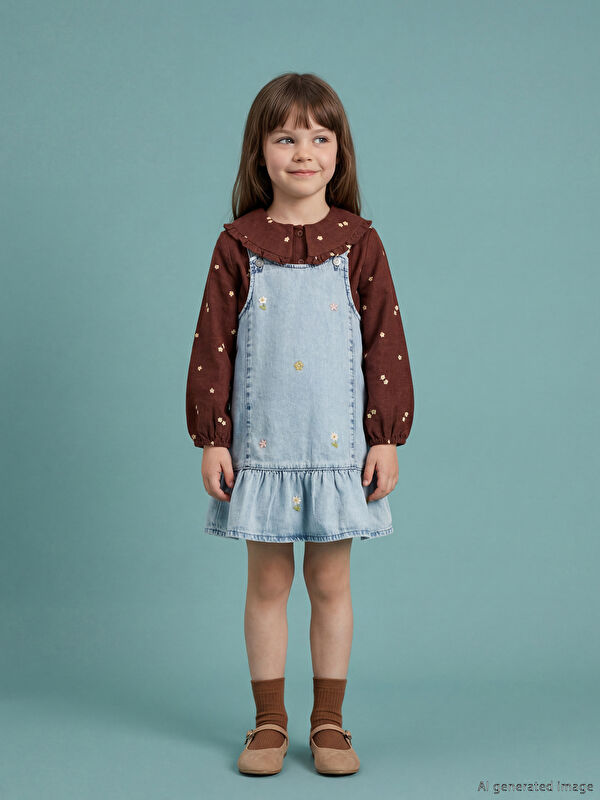 LCW Kids Kare Yaka Nakışlı Kız Çocuk Jean Salopet Elbise