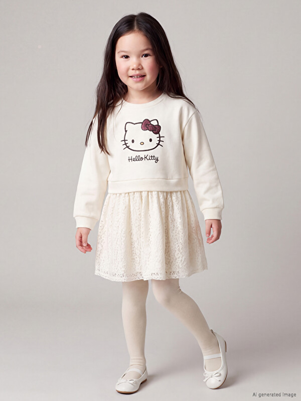 LCW Kids Рокля за момичета с дантелен кант Hello Kitty